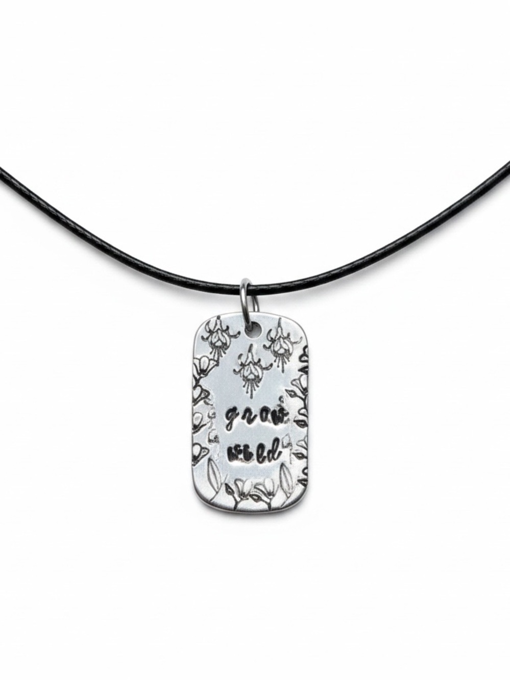 Handmade stamped grow‎ wild silver aluminum dog tag
Black leather cord necklace